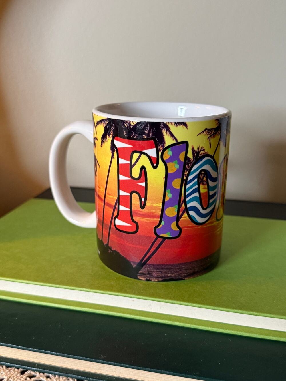 Vtg Beach Hut Florida Souvenir Mug Retro Sunset Beach Palm Trees Block Letters